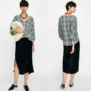 Zara Scrunched Effect Black and Yellow Plaid Blouse Size Small